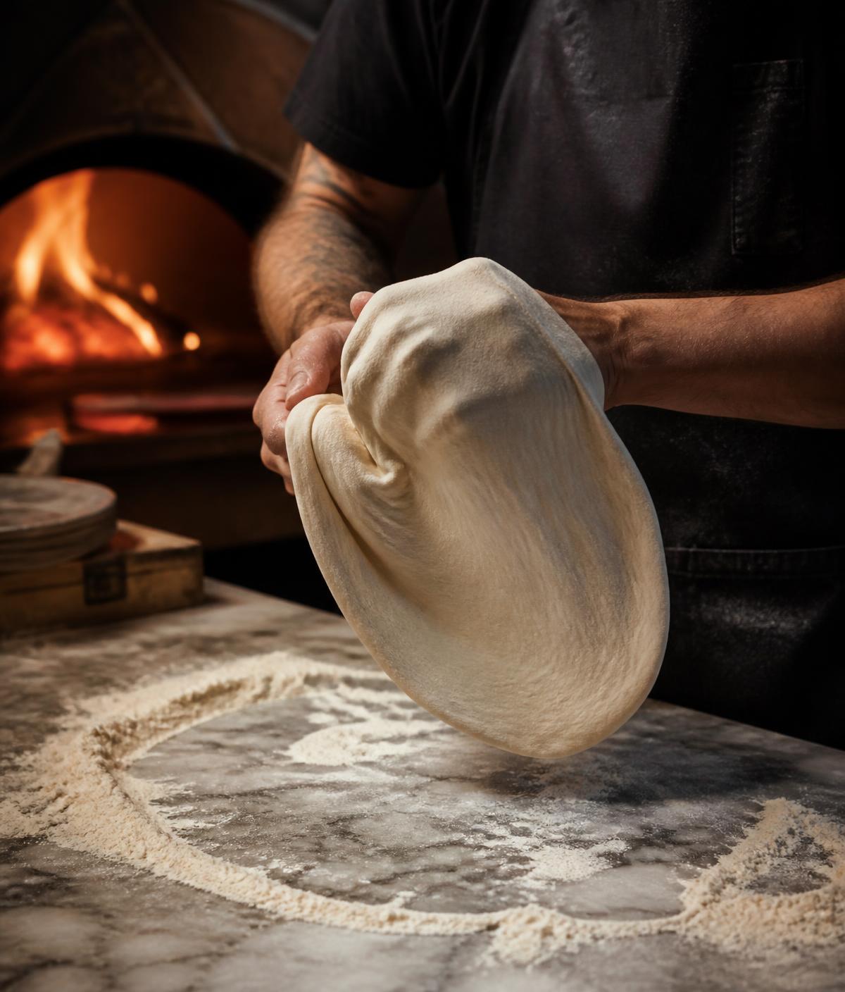 Pizzaiolo abrindo a massa à mão diante do forno a lenha